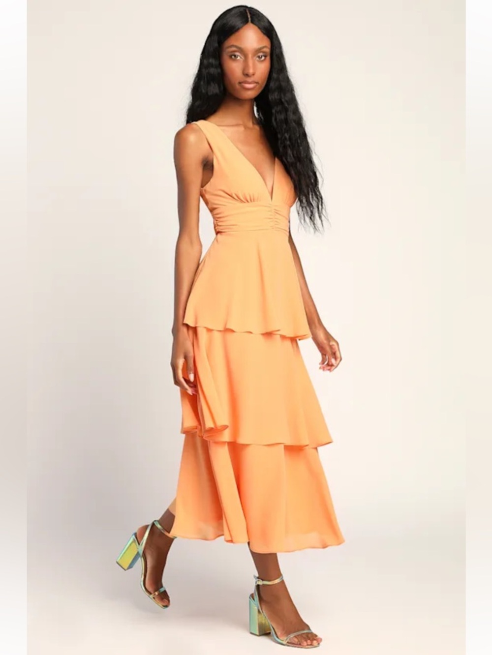 Lulu's Celebration Time Light Orange Tiered Midi Dress - Picture 2 of 7